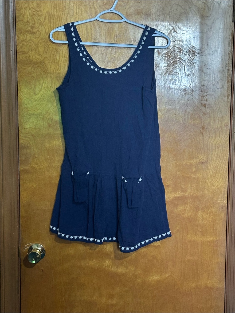 Navy Sleeveless Drop-Waist Mini Dress with Pom Trim